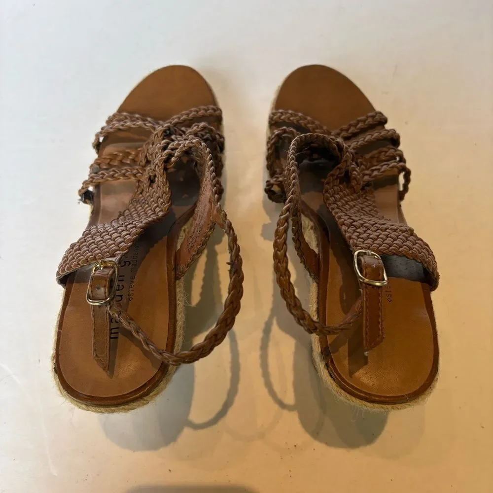 Madden Girl Brown High Wedge Sandals Kahara Braided Straps Size 7.5M